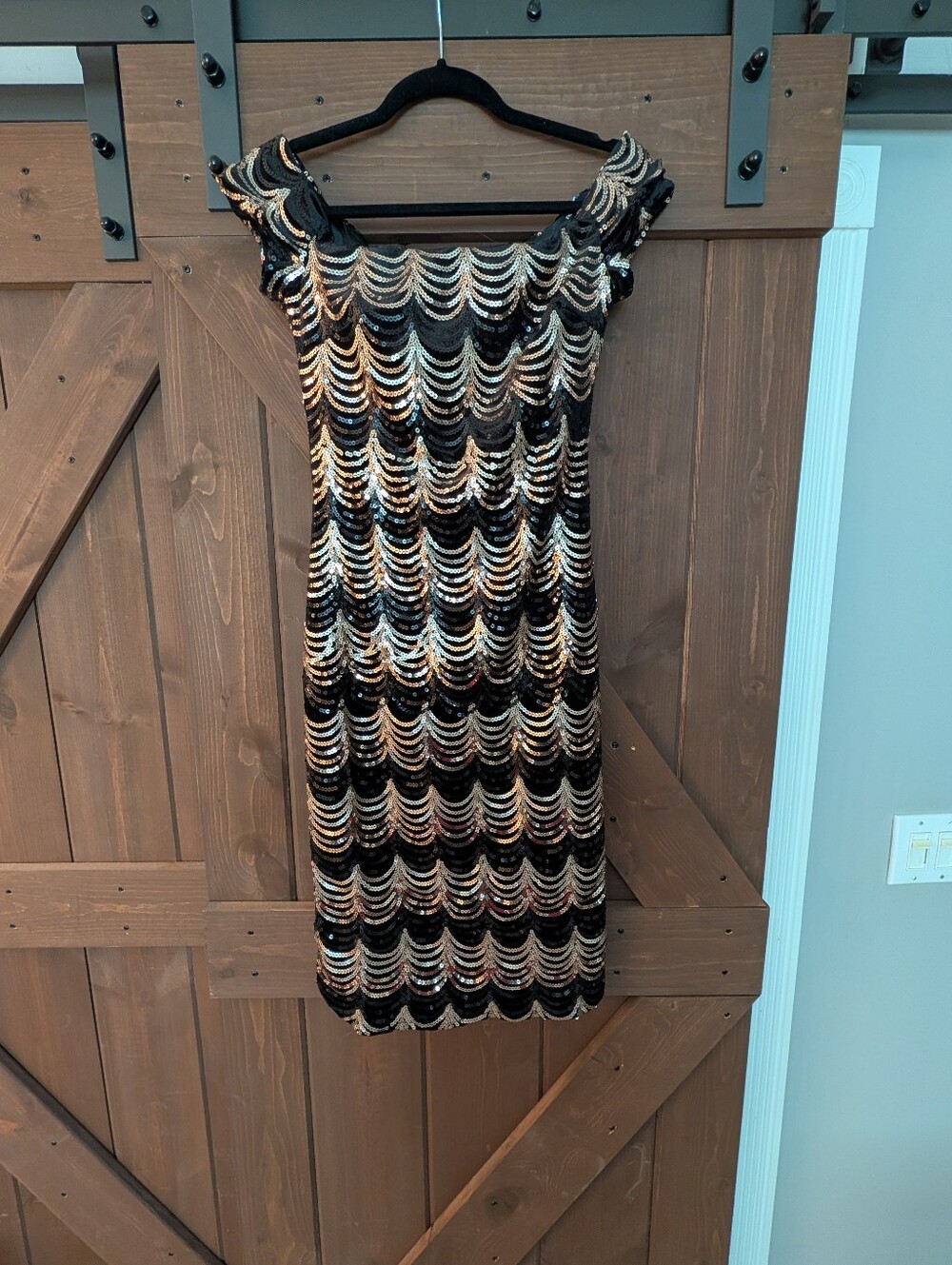 Bisou Bisou Black and Gold Scallop Sequin Midi Dress